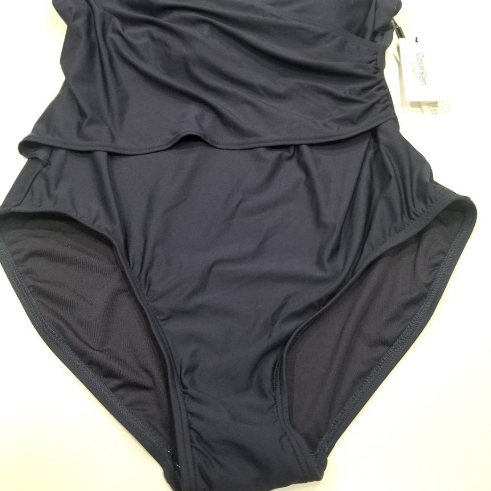 Calvin Klein Mesh Surplice Tummy Control One Piece Swimsuit Navy - Picture 6 of 13